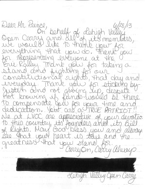 Letter from Lehigh Valley Open Carry