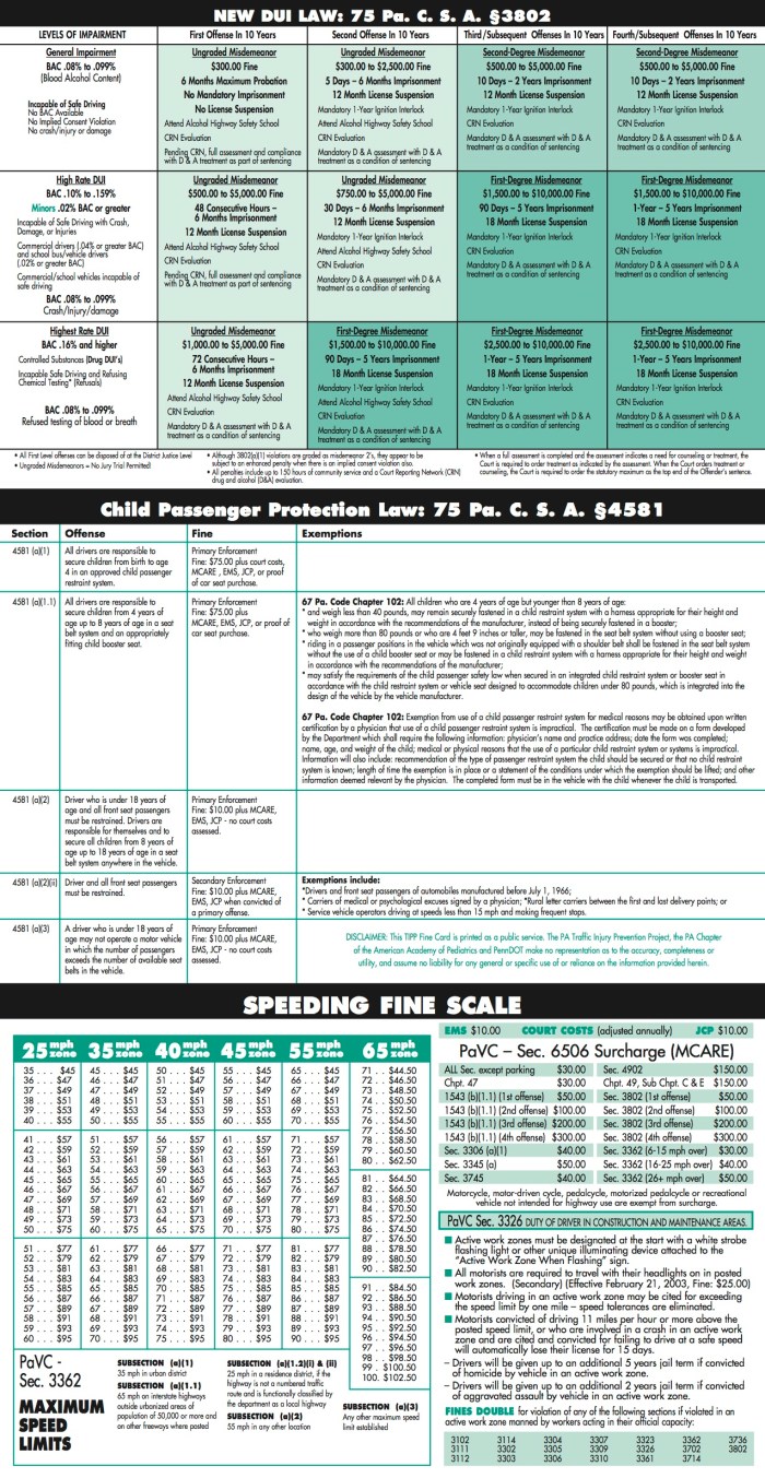 Pennsylvania Traffic Violation Fine Card